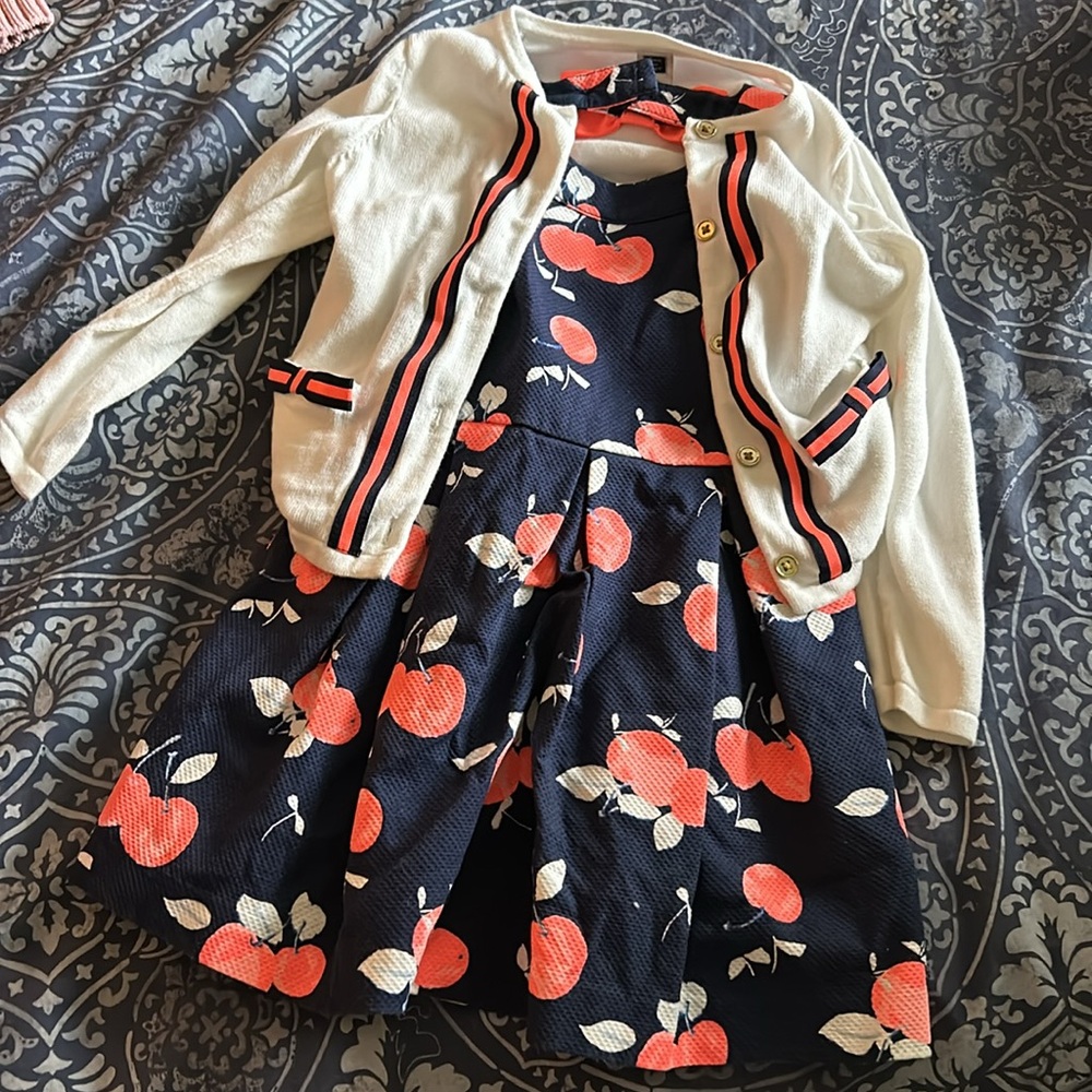 Charming Navy Blue Cherry Print Kids Dress